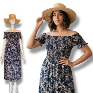 Robert Louis Dress Boho Blue Floral Print Smocked Midi - Size Medium EUC 🍭